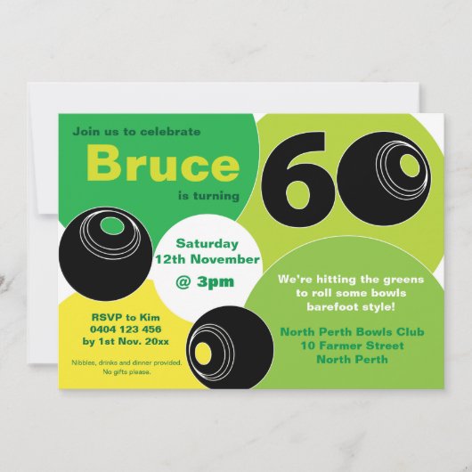 Invitation 60e Bowls de pelouse Barefoot Bowling Anniversaire (Devant)