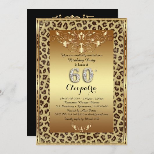 Invitation 60e, fête d'anniversaire 60e, Royal Cheetah or noi (Devant / Derrière)