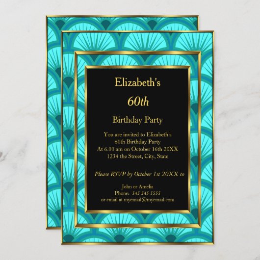 Invitation 60e fête d'anniversaire Art déco Turquoise bleu no (Devant / Derrière)
