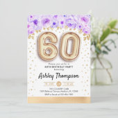 Invitation 60e fête d'anniversaire - Ballons d'or violet (Debout devant)