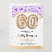 Invitation 60e fête d'anniversaire - Ballons d'or violet (Devant / Derrière)