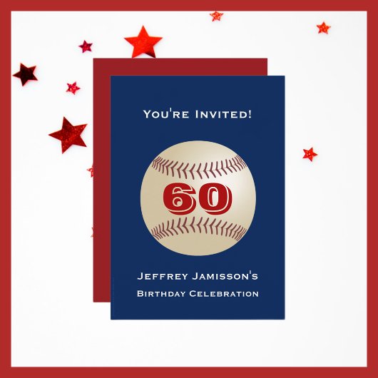 Invitation 60e fête d'anniversaire, Baseball, Bleu et Rouge