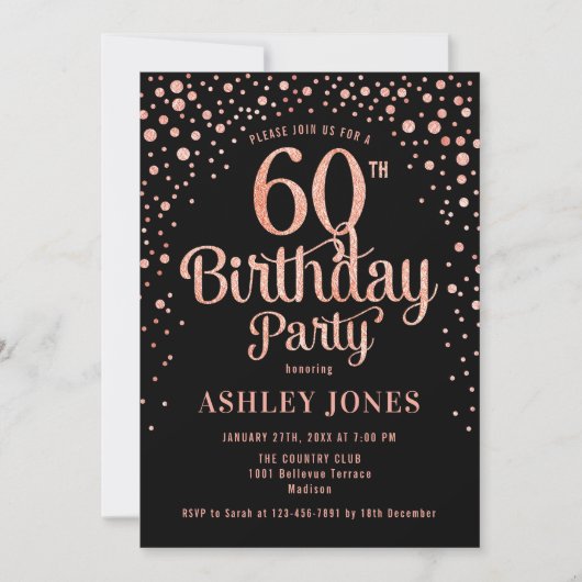 Invitation 60e fête d'anniversaire - Black & Rose Gold (Devant)