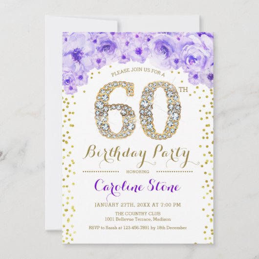 Invitation 60e fête d'anniversaire - Blanc or violet (Devant)