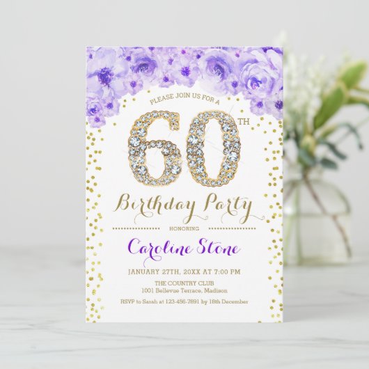 Invitation 60e fête d'anniversaire - Blanc or violet (Debout devant)