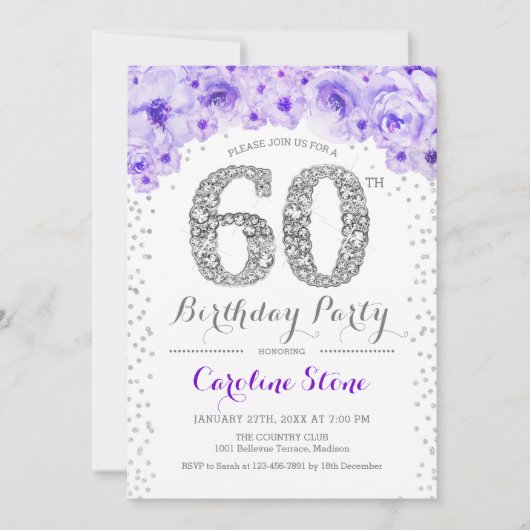 Invitation 60e fête d'anniversaire - Blanc Silver violet (Devant)