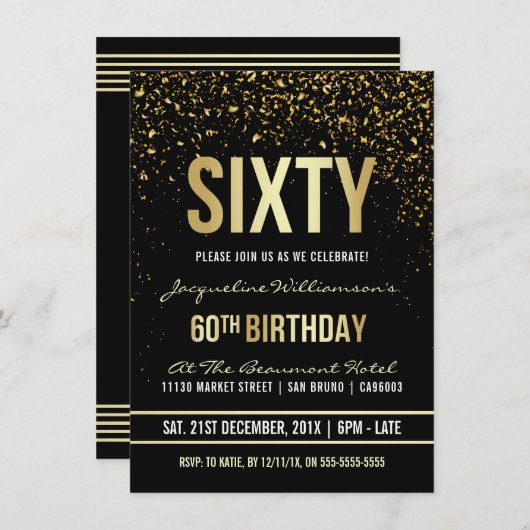 Invitation 60e fête d'anniversaire | Confetti en or chatoyant (Devant / Derrière)