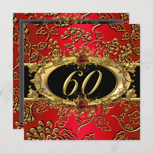 Invitation 60e fête d'anniversaire Damask Rouge Or Noir (Devant / Derrière)