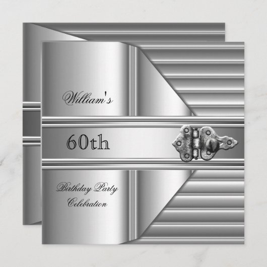 Invitation 60e fête d'anniversaire Elegant Mens Argent Mans 2 (Devant / Derrière)