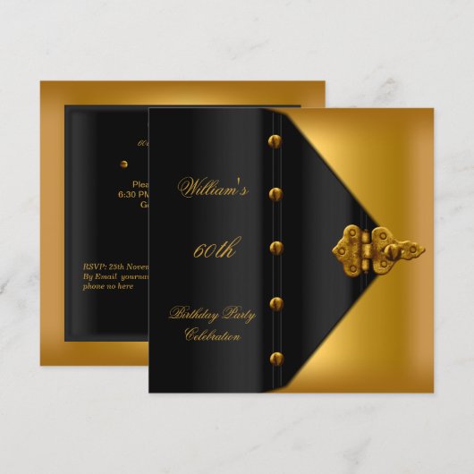 Invitation 60e fête d'anniversaire Elegant Mens Gold Black Ma (Devant / Derrière)