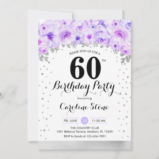 Invitation 60e fête d'anniversaire - Fleurs violettes argenté (Devant)