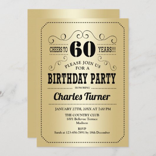 Invitation 60e fête d'anniversaire - Gold Black (Devant / Derrière)
