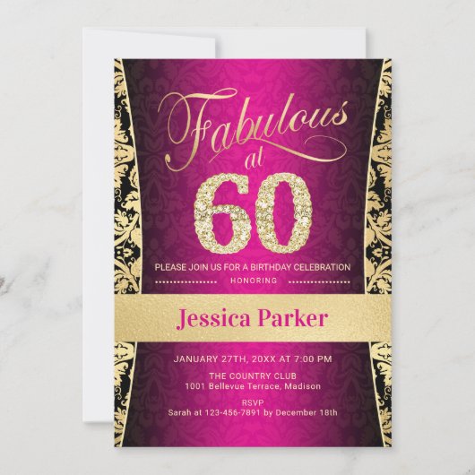 Invitation 60e fête d'anniversaire - Gold Pink Black (Devant)