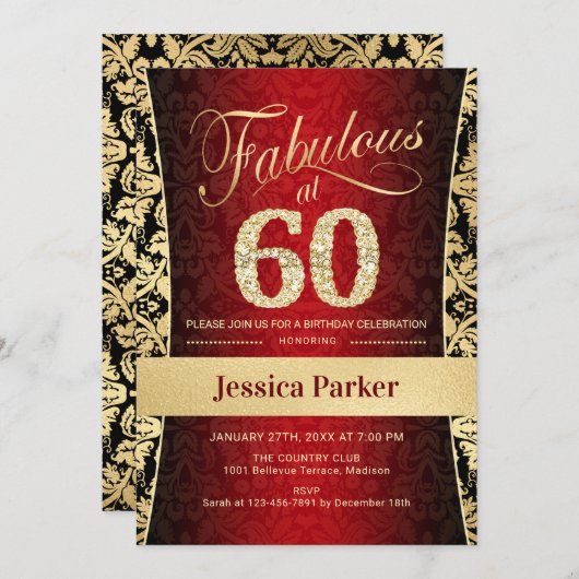 Invitation 60e fête d'anniversaire - Gold Red Black (Devant / Derrière)