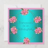 Invitation 60e fête d'anniversaire Gold Turquoise Fleurs rose (Dos)