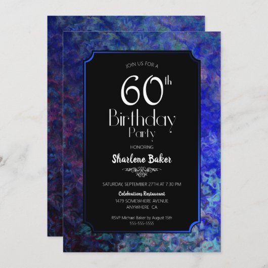 Invitation 60e fête d'anniversaire Noir avec frontière bleue (Devant / Derrière)