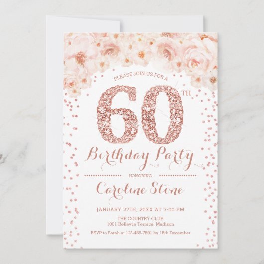 Invitation 60e fête d'anniversaire - Rose blanche or (Devant)