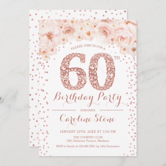 Invitation 60e fête d'anniversaire - Rose blanche or (Devant / Derrière)