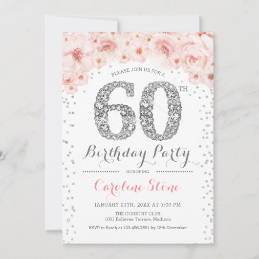 Invitation 60e fête d'anniversaire - Rose d'argent blanc (Devant)