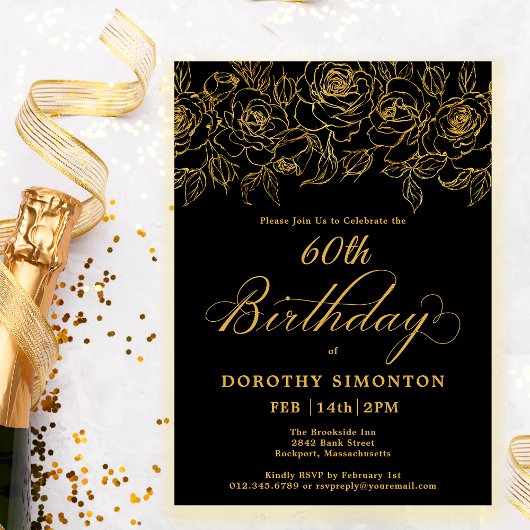Invitation 60e fête d'anniversaire Rose d'or Floral Black