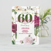 Invitation 60e fête d'anniversaire, Rose/Fleurs roses Gold Fr (Debout devant)