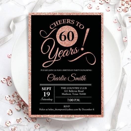 Invitation 60e fête d'anniversaire - Rose Gold Black ANY AGE