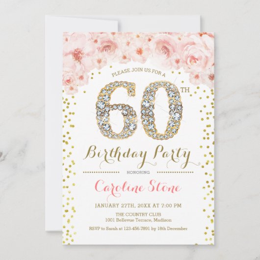 Invitation 60e fête d'anniversaire - Rose or blanc (Devant)