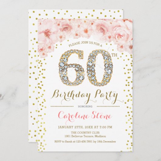 Invitation 60e fête d'anniversaire - Rose or blanc (Devant / Derrière)