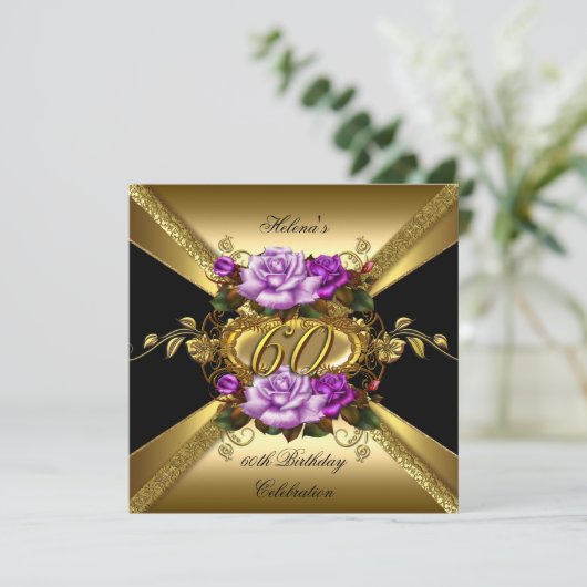 Invitation 60e fête d'anniversaire Roses pourpre or noir (Debout devant)