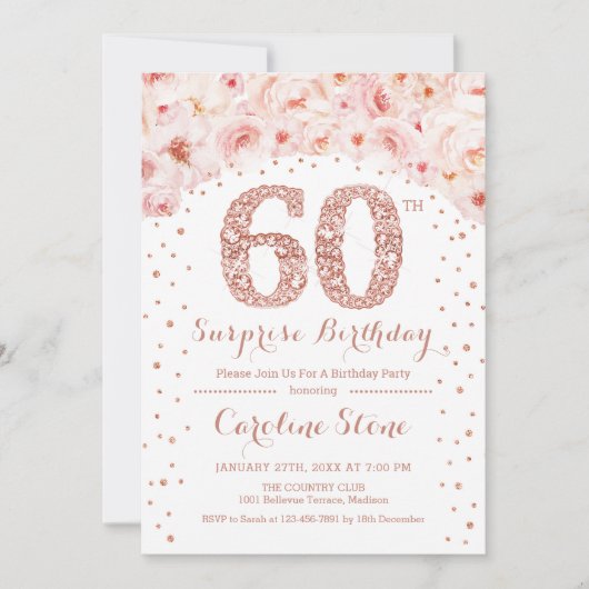 Invitation 60e fête d'anniversaire surprise - Rose blanche or (Devant)