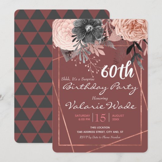Invitation 60e fête d'anniversaire surprise Roses roses roses (Devant / Derrière)