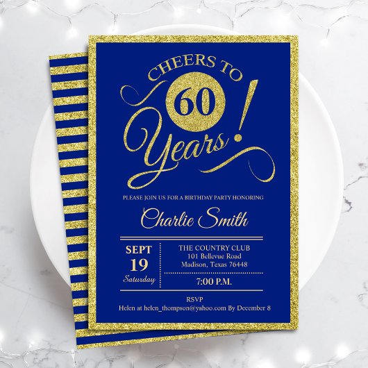 Invitation 60e fête d'anniversaire - TOUT AGE Royal Blue Gold