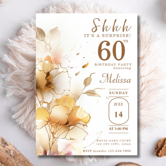 Invitation 60e Fleurs d'or surprises Aquarelle Anniversaire