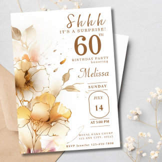 Invitation 60e Fleurs d'or surprises Aquarelle Anniversaire