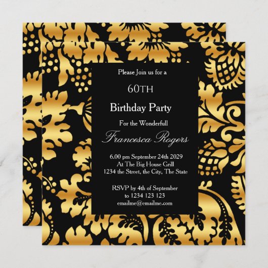 Invitation 60e Soirée d'anniversaire élégante Gold Black (Devant / Derrière)