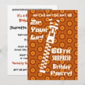 Invitation 60e SURPRISE Anniversaire Gold Orange Zip Lip (Devant / Derrière)