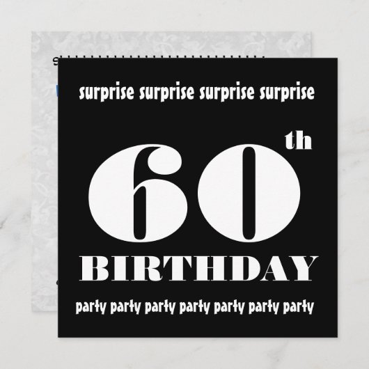 Invitation 60e SURPRISE Anniversaire Noir Blanc Modèle (Devant / Derrière)