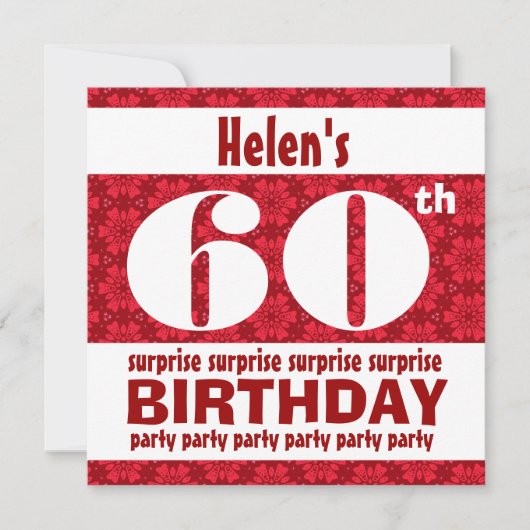 Invitation 60e SURPRISE Birthday Party Rouge et blanc B200 (Devant)