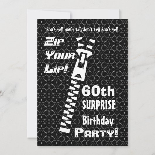 Invitation 60e SURPRISE Funny Birthday Party Zip Your Lip (Devant)