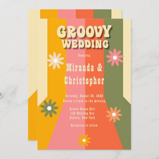 Invitation 60s rétro les années 70 Hippie rayures Super Maria (Devant / Derrière)