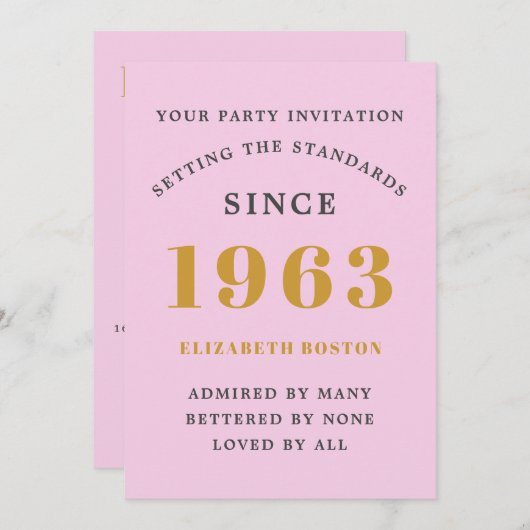 Invitation 60th Birthday 1963 Pink Grey Ajouter un nom Année (Devant / Derrière)