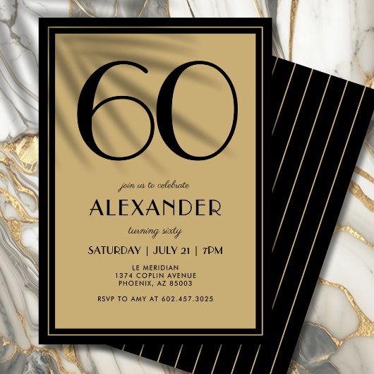 Invitation 60th Birthday Adult Black and Gold Modern Minimal 