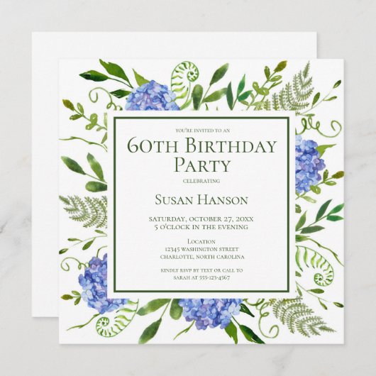 Invitation 60th Birthday Blue Hydrangeas Card Request (Devant / Derrière)