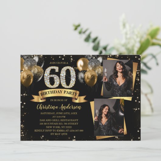 Invitation 60th Birthday Modern Gold Glitter Balloons 2 Photo (Debout devant)