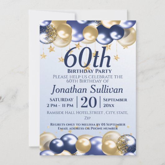 Invitation 60th Birthday Navy Gold Balloons Party (Devant)