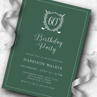 Invitation 60th Birthday Party Golf Crest Elegant Script Sage