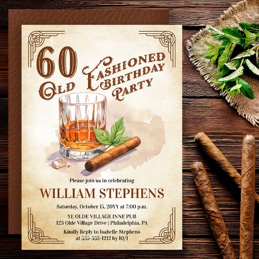 Invitation 60th Old Fashioned Whiskey Cigar Birthday Party