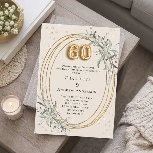 Invitation 60th wedding anniversary champagne greenery