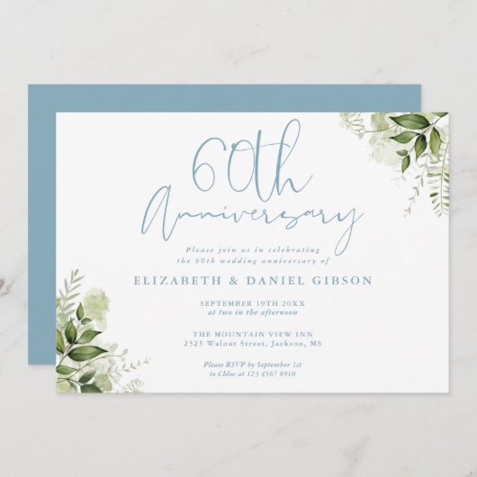 Invitation 60th Wedding Anniversary Greenery Floral (Devant / Derrière)