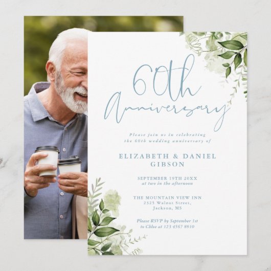 Invitation 60th Wedding Anniversary Greenery Floral Photo (Devant / Derrière)